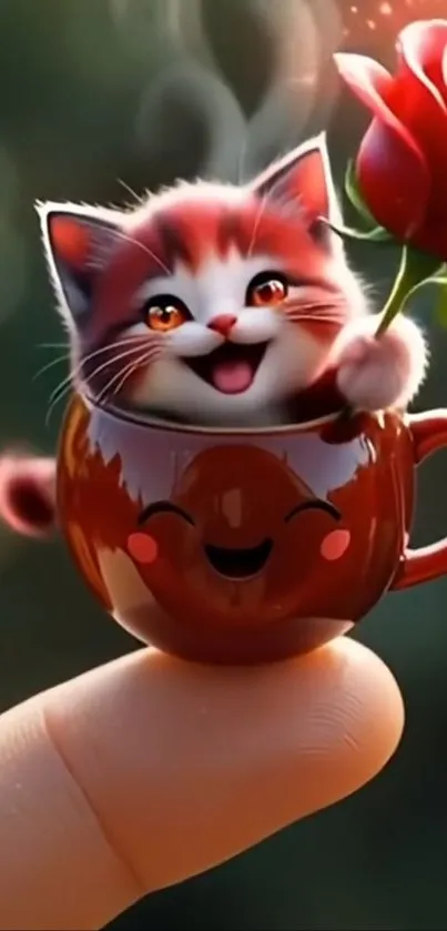 Cute kitten in a teacup with a red rose.