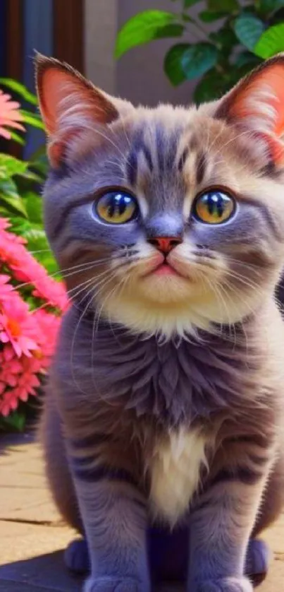 Adorable gray kitten with big eyes in a vibrant garden with colorful flowers.