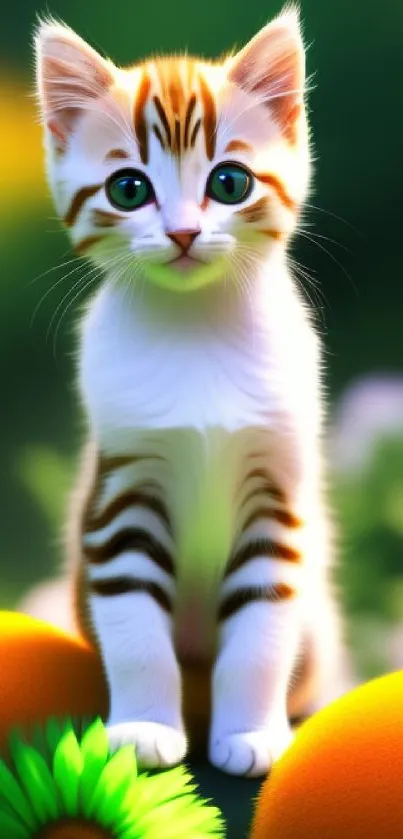 Adorable kitten in a vibrant garden with colorful flowers.