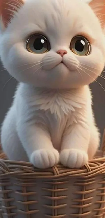 Cute white kitten sitting in a woven basket, soft and charming.