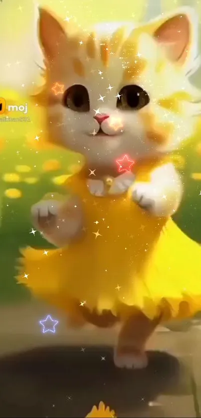 Cute kitten in a yellow dress with sparkles, perfect for mobile wallpaper.