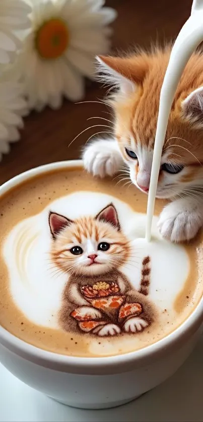 Cute kitten with latte art in coffee cup.