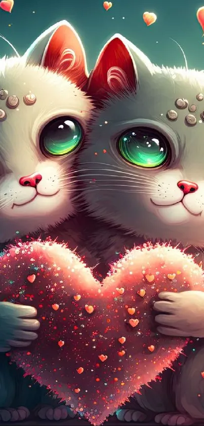 Two cute cartoon cats holding a heart.