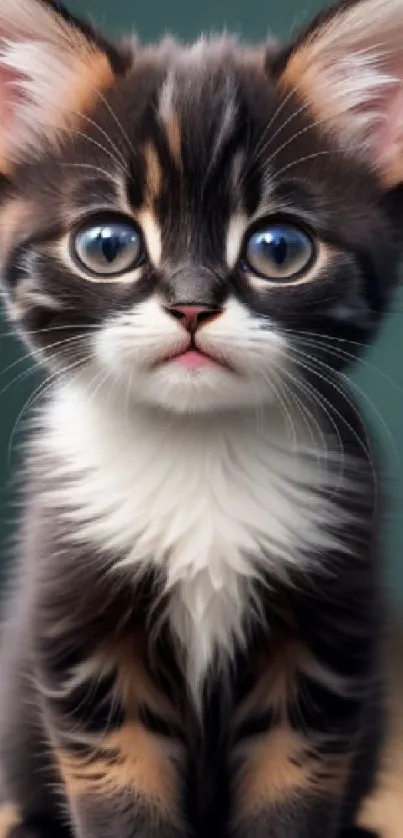 Adorable fluffy kitten with big eyes sitting on a wooden floor.