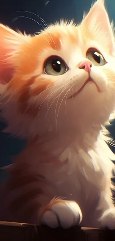 Cute fluffy orange kitten looking upwards with wide eyes.