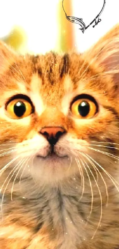 Adorable tabby kitten with wide eyes and a playful expression in a mobile wallpaper.