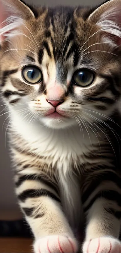 Adorable tabby kitten with striking fur patterns on a mobile wallpaper.