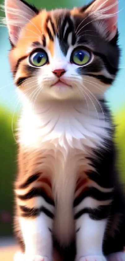 Adorable kitten with green eyes sitting outdoors with a blurred background.