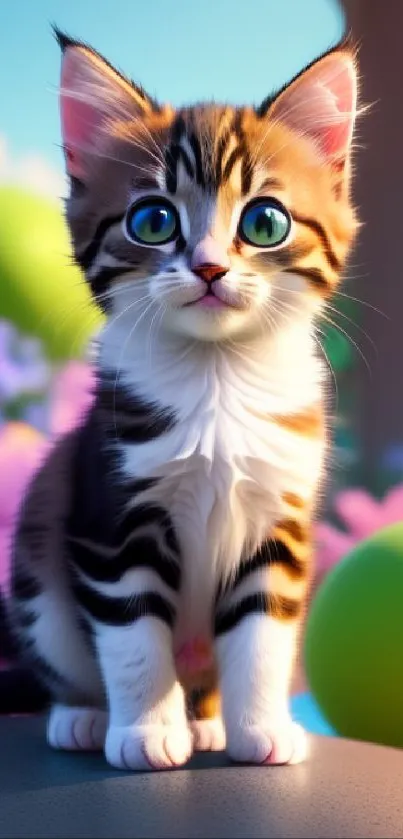 Adorable kitten with big eyes and colorful flowers mobile wallpaper.