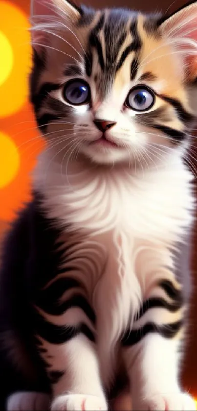 Adorable kitten with fluffy fur and bright eyes on a warm, vibrant background.