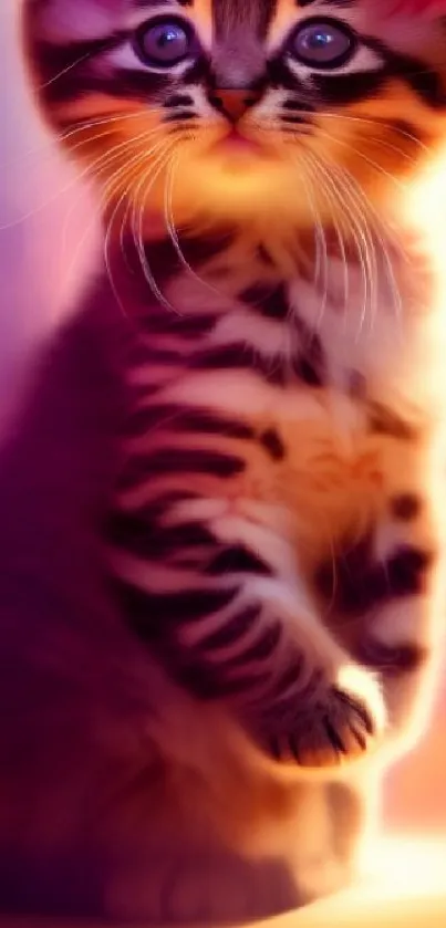 Charming tabby kitten in a dreamy purple glow, perfect for mobile wallpaper.