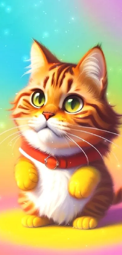Adorable cartoon kitten on colorful background wallpaper.