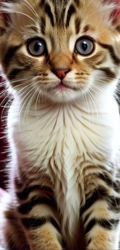 Adorable tabby kitten with striking stripes and curious eyes.