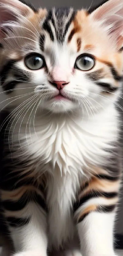 Adorable tabby kitten with vivid colors staring curiously against a neutral background.