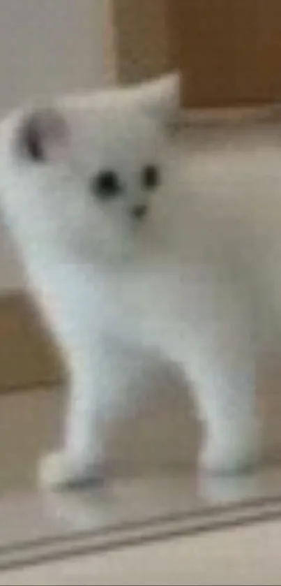 Adorable white kitten standing on a tiled floor.