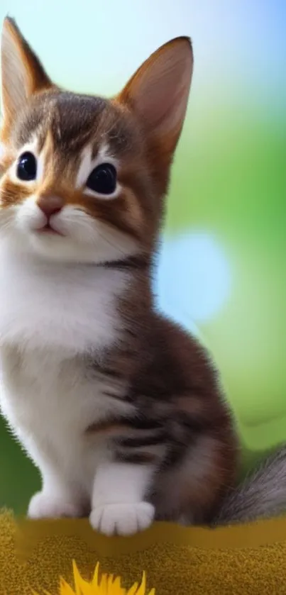 Adorable brown and white kitten sitting on a soft surface with a green background.