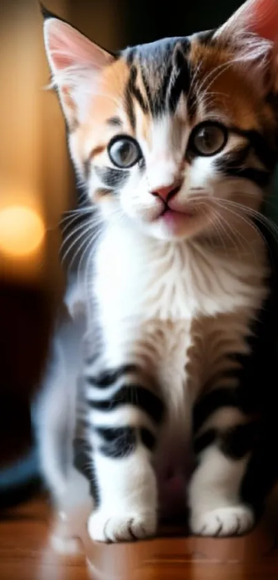 Adorable striped kitten with big eyes sitting on a wooden surface.