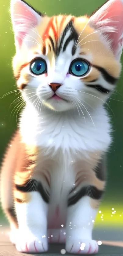 Adorable kitten with blue eyes on a vibrant green background.