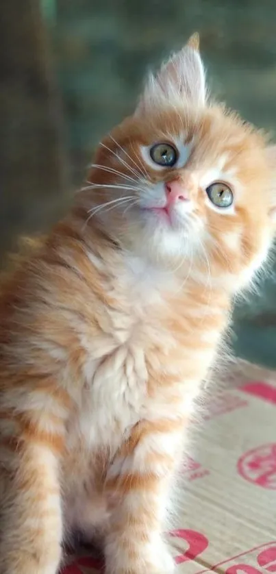 Adorable orange kitten sitting on a box.