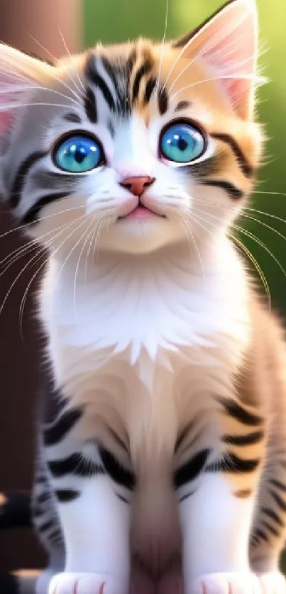 Adorable cartoon kitten with big blue eyes on a vibrant background.