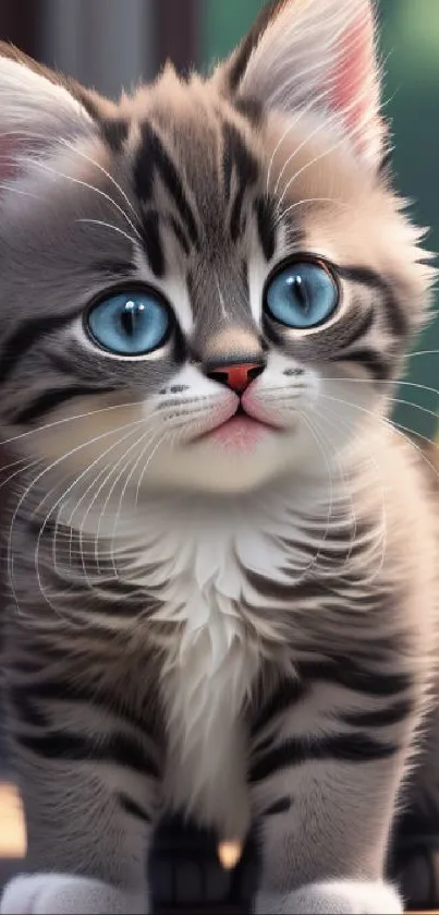 Fluffy tabby kitten with blue eyes on a phone wallpaper.