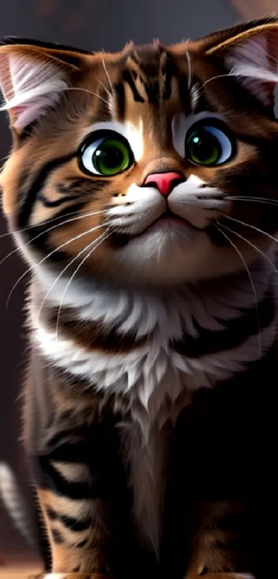 Adorable tabby kitten with bright eyes on a cozy mobile wallpaper.