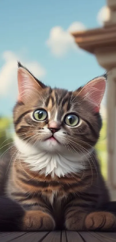 Adorable tabby kitten with green eyes sitting on a porch.