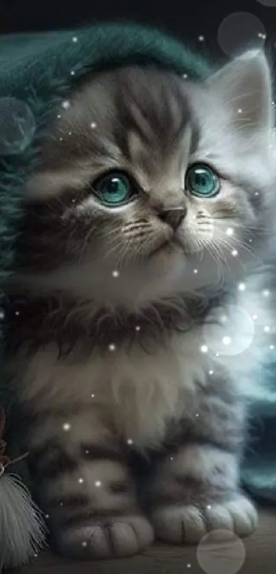 Cute kitten with teal hood and bright scenery.