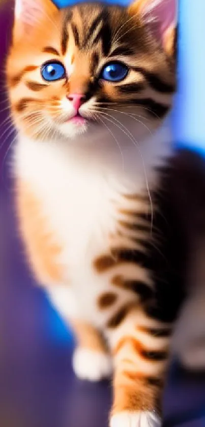 Adorable fluffy kitten with blue eyes, against a colorful background.