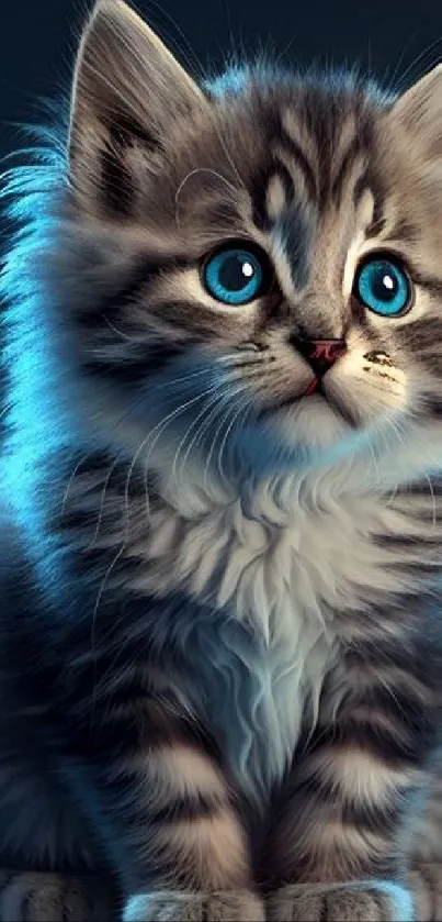 Adorable fluffy kitten with blue eyes on mobile wallpaper.