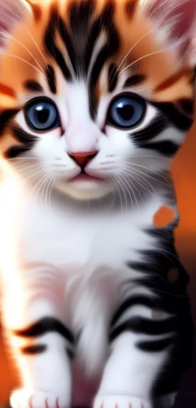 Adorable blue-eyed kitten with orange and black fur on an orange background.