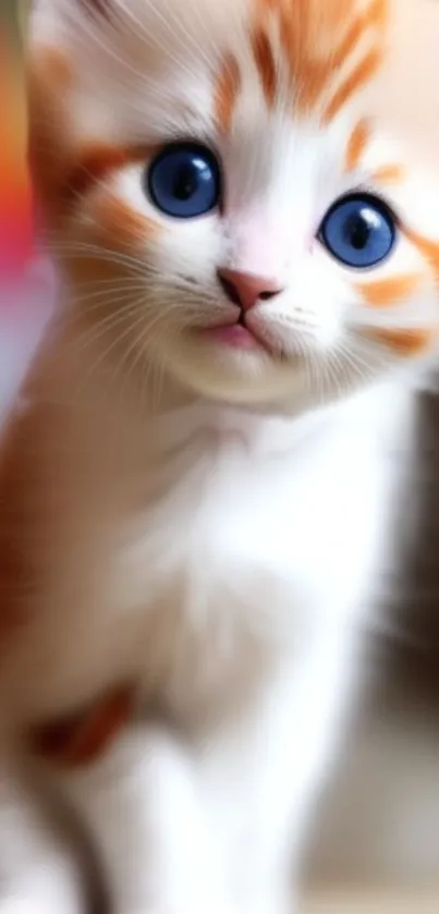 Adorable kitten with blue eyes and orange stripes on mobile wallpaper.