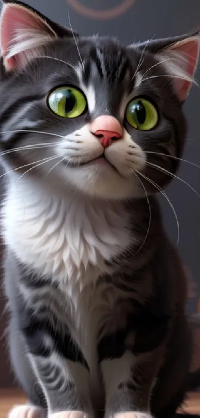 Adorable fluffy kitten with big green eyes sitting indoors.