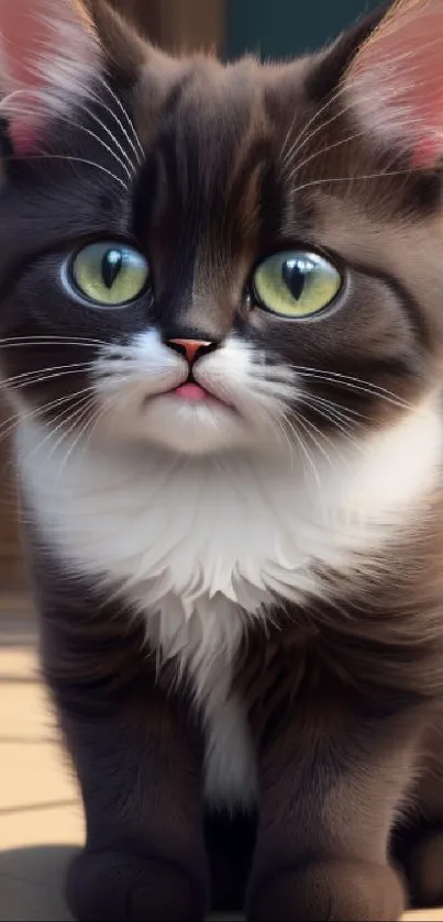 Adorable black and white kitten with green eyes, sitting indoors.