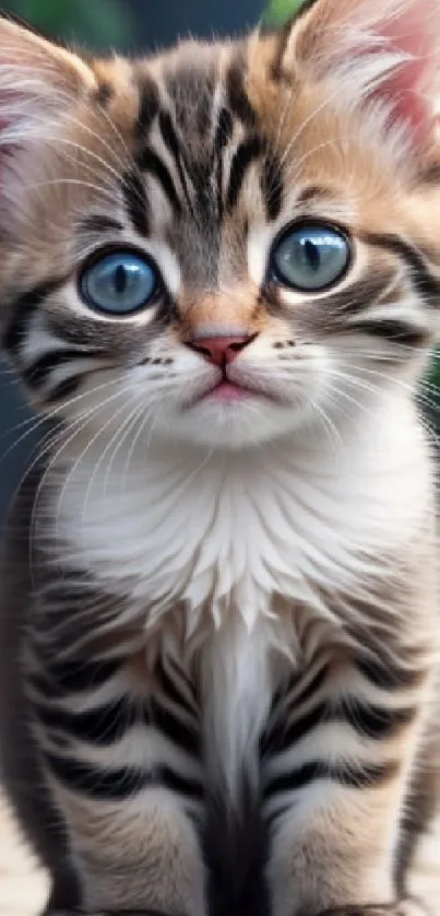 Adorable tabby kitten with blue eyes sitting on the ground.