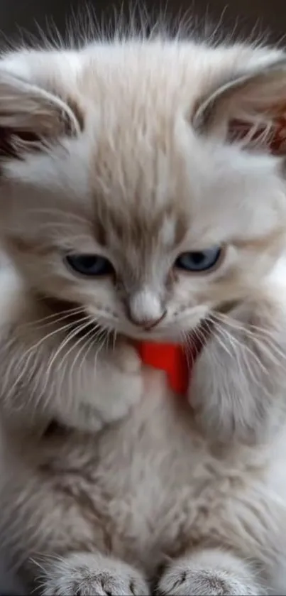 Adorable fluffy kitten with blue eyes holding a red heart.