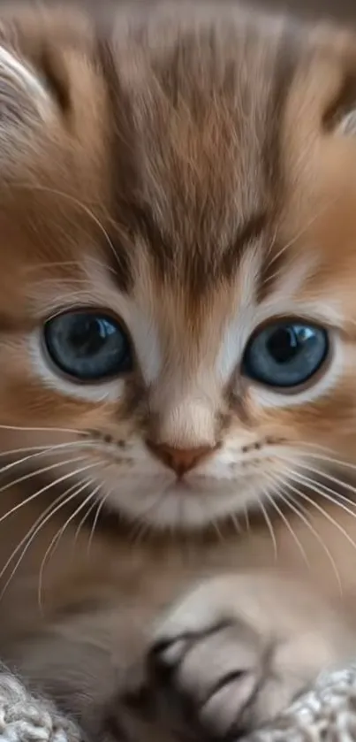 Fluffy kitten with big blue eyes on a soft textured background.