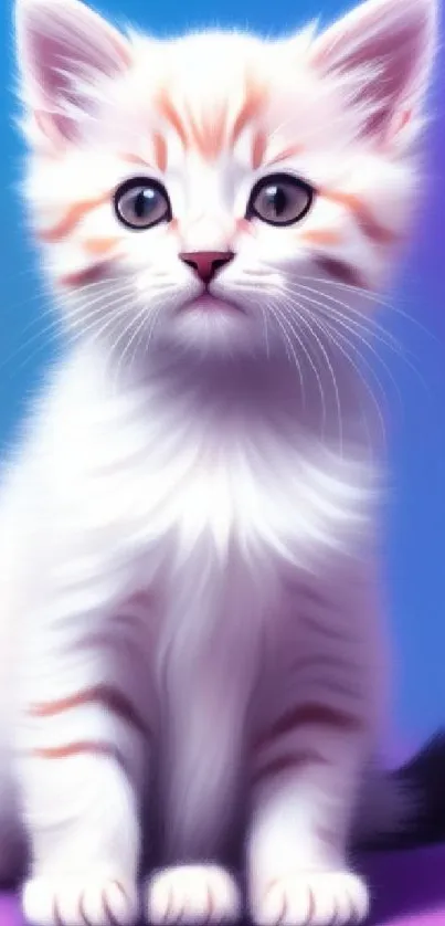 Adorable kitten sitting on a purple and blue gradient background.