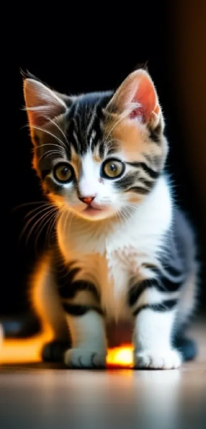 Cute kitten sitting with playful expression in mobile wallpaper image.