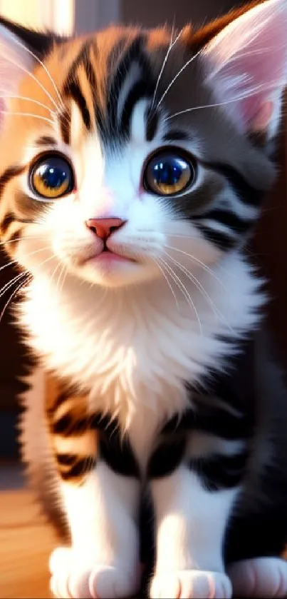 Cute brown and white kitten with big eyes sitting indoors.