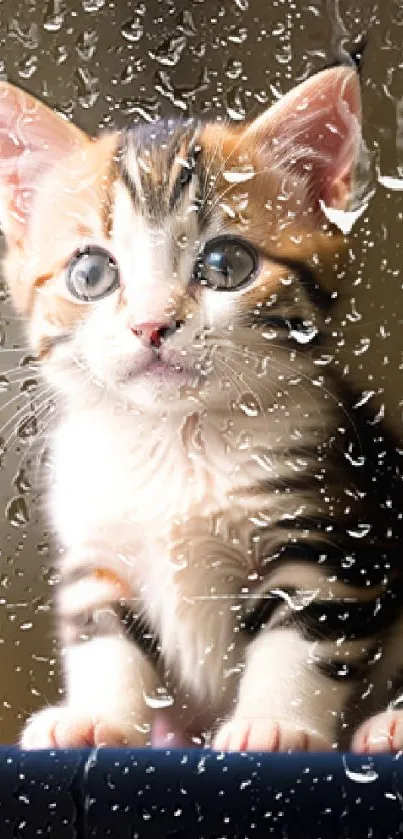 Adorable striped kitten with bright eyes on a blurred background.