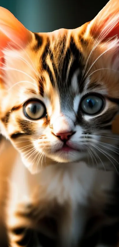 Adorable tabby kitten with bright blue eyes and orange fur pattern.