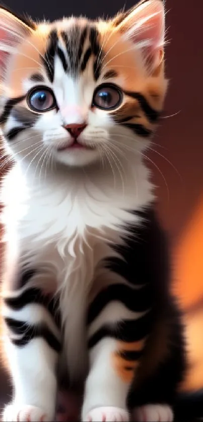 Adorable kitten with stripes and a glowing orange background.