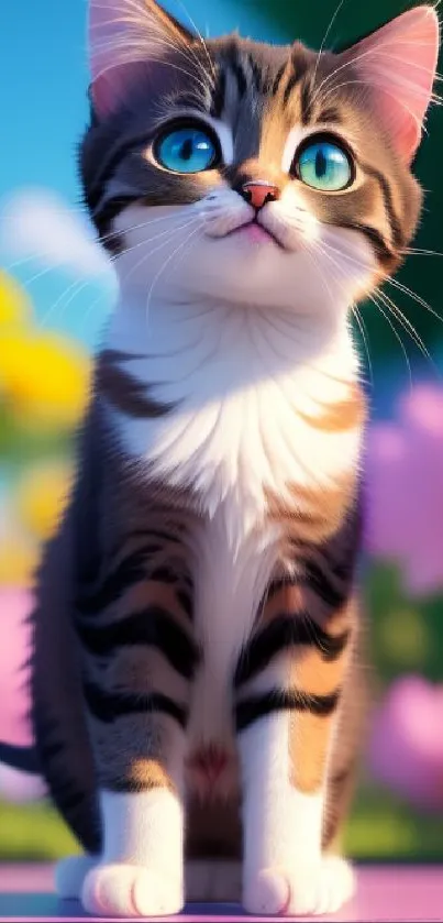 Adorable kitten with blue eyes in a floral setting mobile wallpaper.