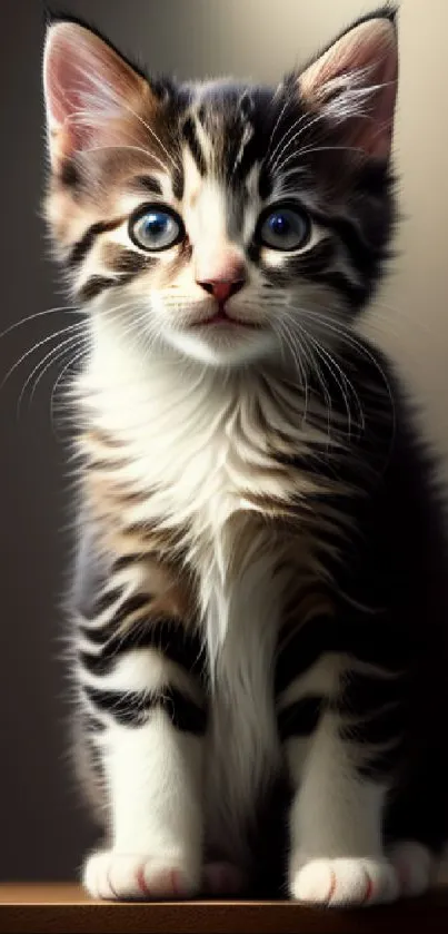 Adorable kitten with blue eyes sitting against a warm-toned background.