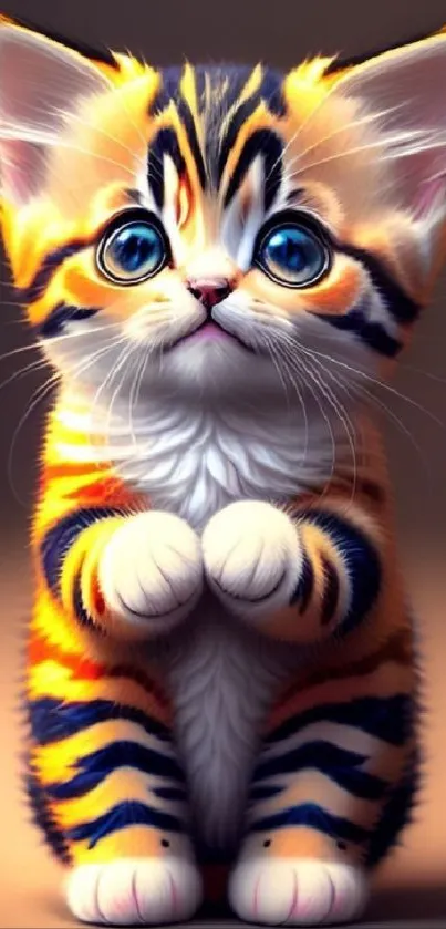 Adorable kitten with orange stripes and big eyes in a digital wallpaper.