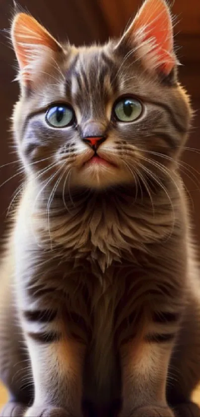 Adorable kitten with bright eyes and fluffy fur sitting indoors.