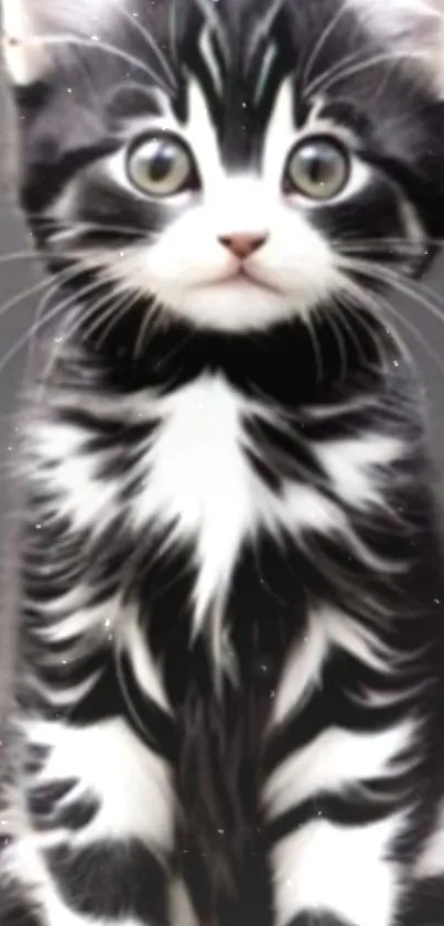 Adorable black and white kitten with bright eyes; perfect cute wallpaper.