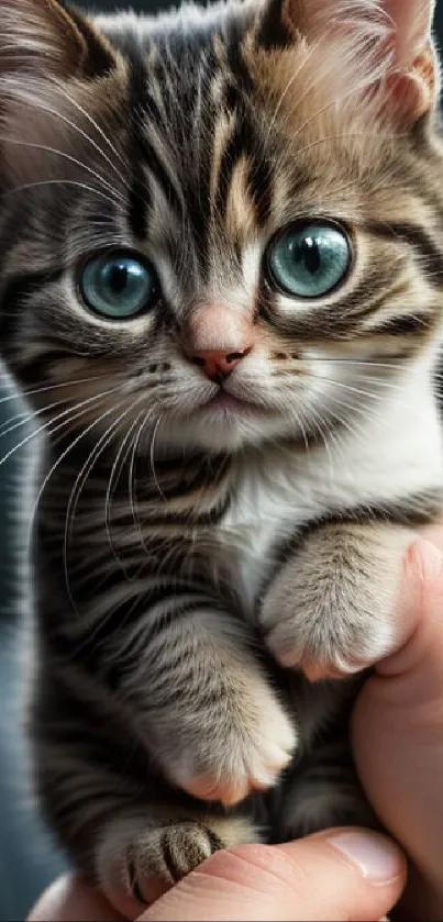 Adorable tabby kitten with blue eyes held gently.