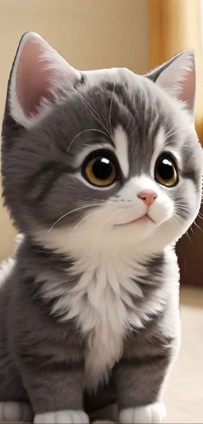 Adorable grey kitten sitting on floor with fluffy fur and big eyes.